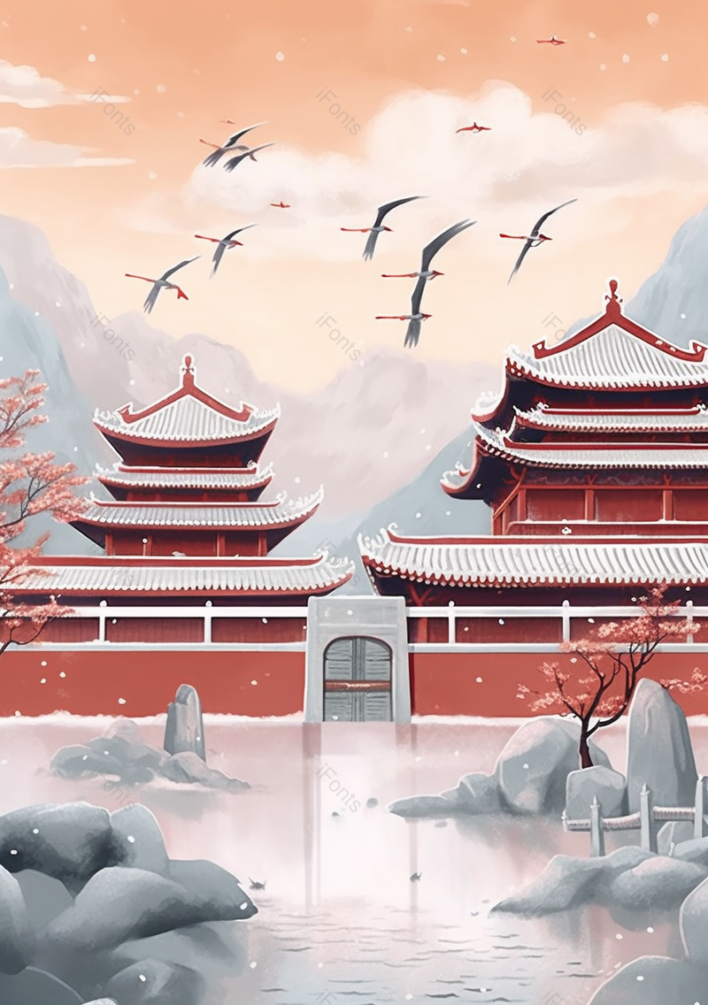 冬天黄昏大寒寒冷下雪天城楼古代建筑飞鸟红色古典传统风景水墨插画,插画/手绘图,插画/手绘图库,插画/手绘图下载,插画/手绘
